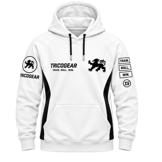Tricogear TRI 29 White Black BJJ Hoodie front view with black graphics and 300 GSM fleece