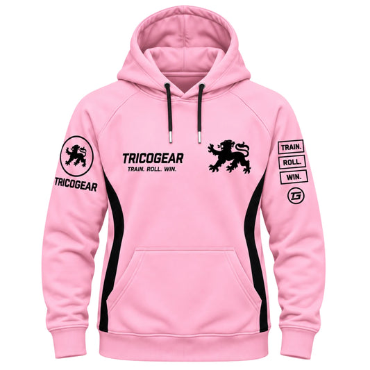Tricogear TRI 30 pink black BJJ hoodie front view with lion logo and Train Roll Win graphics