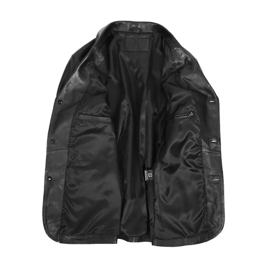 Interior lining of Urban Tailor black leather blazer showing the inner zip pocket, open pocket, and 100% real leather tag