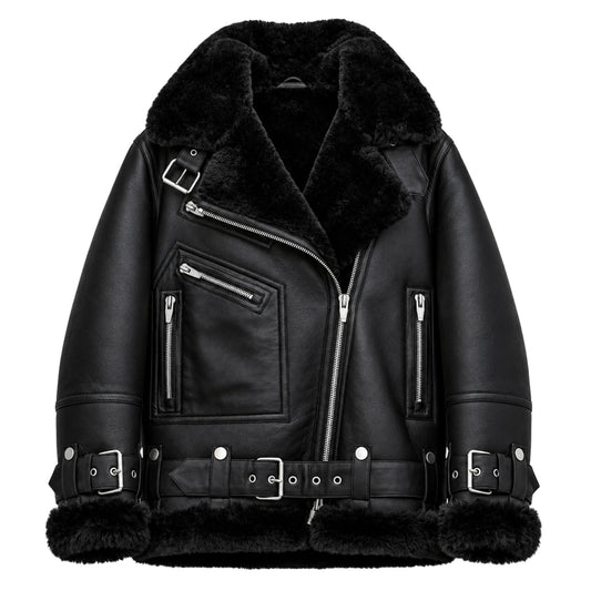Women’s black B3 RAF aviator sheepskin shearling leather jacket front view