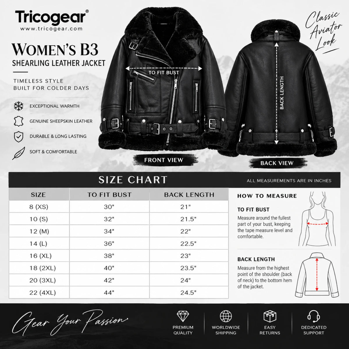 Women’s black B3 sheepskin shearling leather jacket size chart with bust and back length measurements