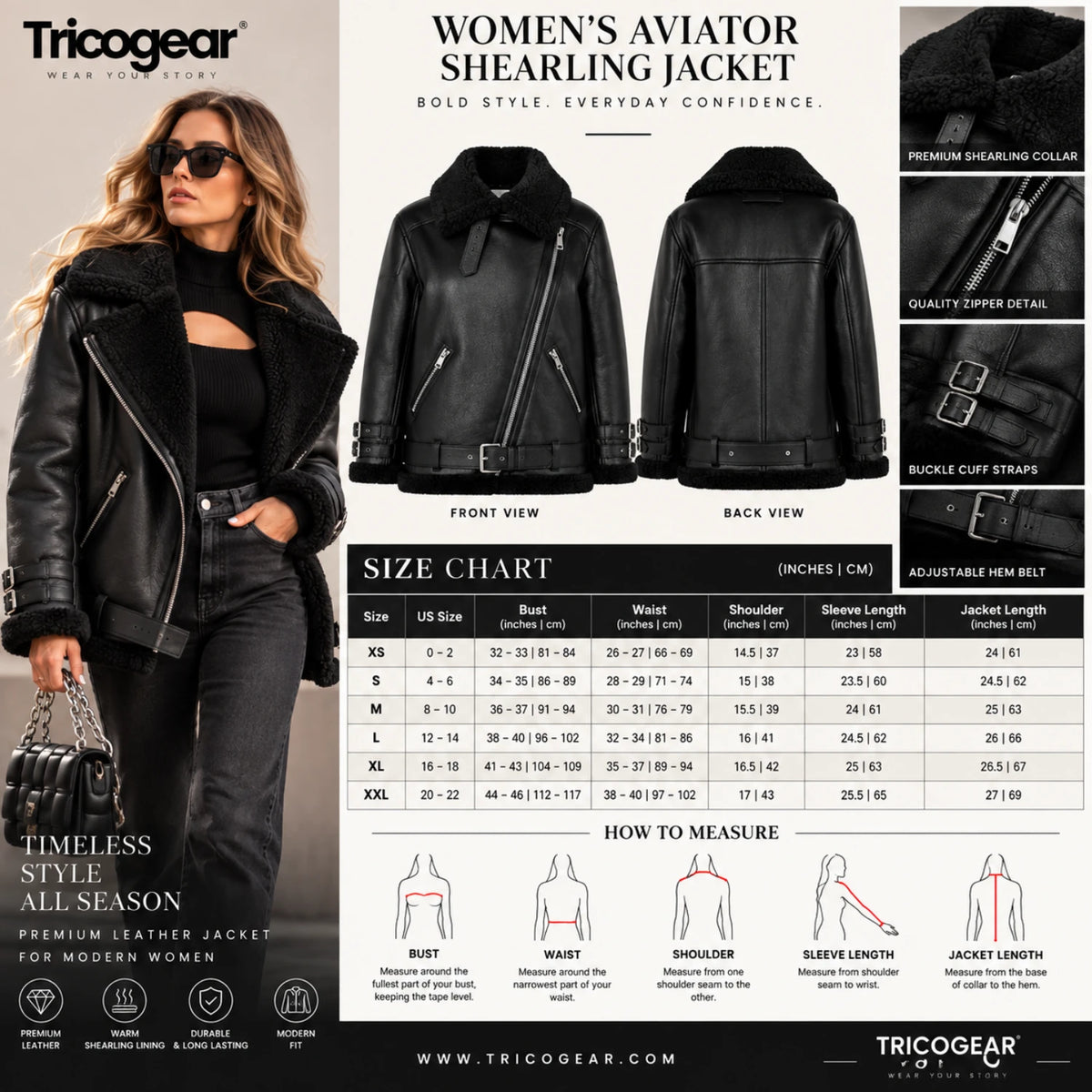 Women’s Black RAF B3 Sheepskin Shearling Leather Biker Jacket Size Chart