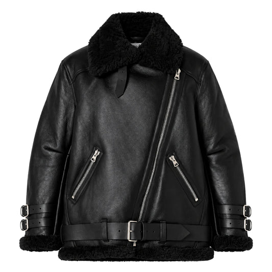 Women’s Black RAF B3 Sheepskin Shearling Leather Biker Jacket – Aviator Flight Jacket