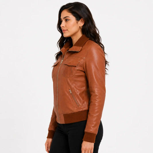 Left side view of Women's Classic Tan Genuine Leather Bomber Jacket with premium sheep nappa leather finish