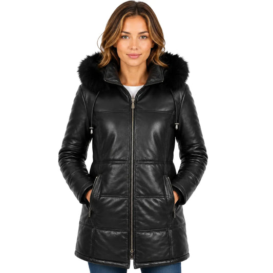Women's Genuine Black Leather 3/4 Length Puffer Coat Lisa front view with detachable fur hood and longline winter design