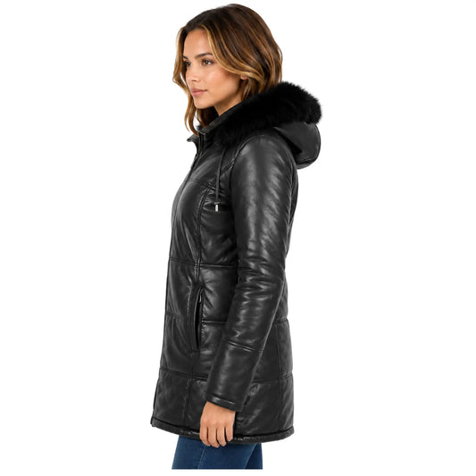 Right side view of Women's Genuine Black Leather 3/4 Length Puffer Coat Lisa featuring premium leather and detachable fur hood
