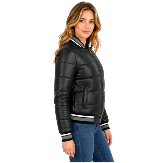 Right side profile of the Women's Genuine Leather Puffer Bomber Jacket Dolly Black featuring quilted genuine leather and a modern fitted silhouette.