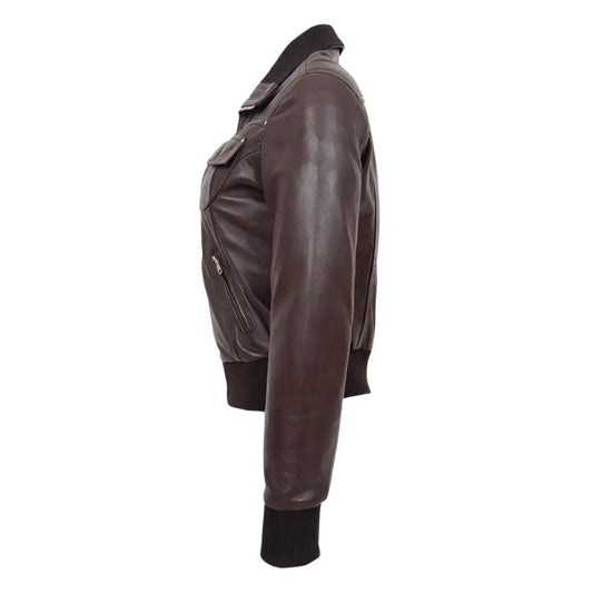 Side profile of Women's Leather Classic Bomber Jacket Motto Brown showing tailored fit, rib-knit cuffs, and soft leather finish
