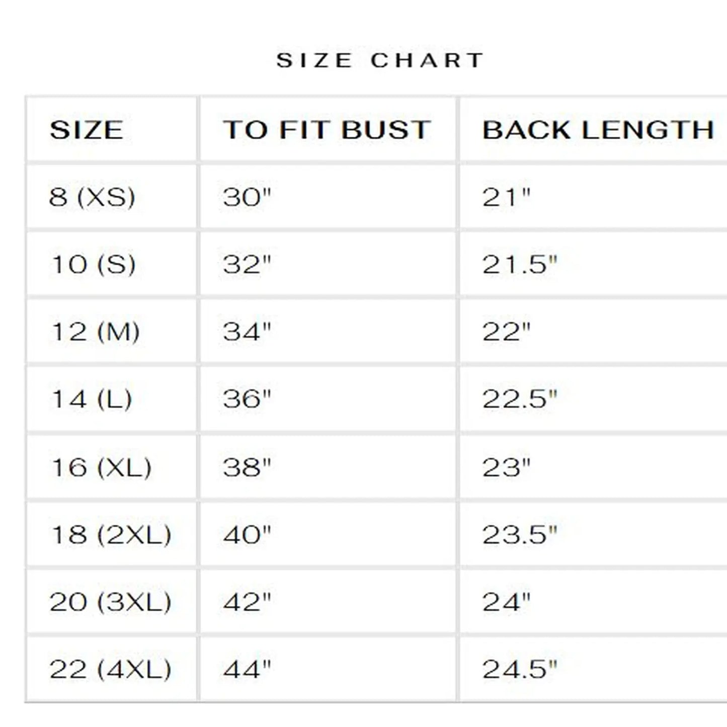 Women’s Unchained embroidered leather jacket size chart with bust and back length measurements