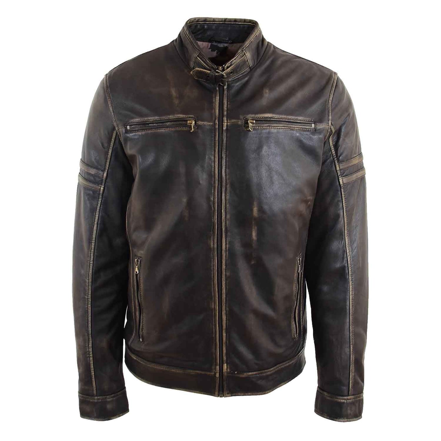 Mens Real Leather Biker Jacket Vintage Rub Off Effect