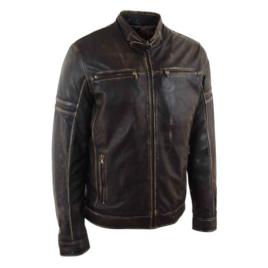 Mens Real Leather Biker Jacket Vintage Rub Off Effect