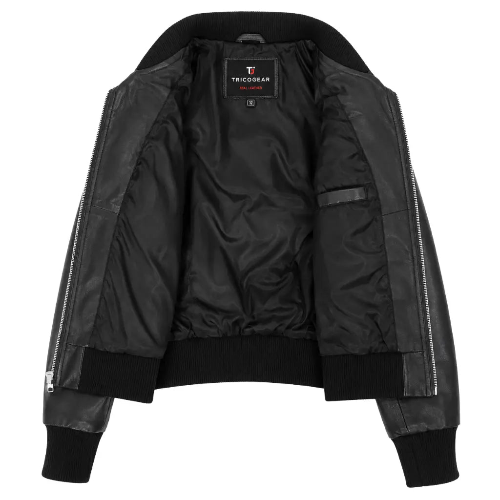 Women's Genuine Sheepskin RAF Aviator Jacket Elsie Black flat lay showing full shearling interior and premium craftsmanship
