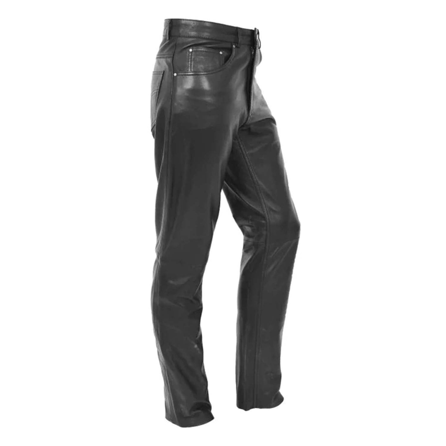 Men's black genuine leather straight leg pants featuring a classic fit and premium leather construction