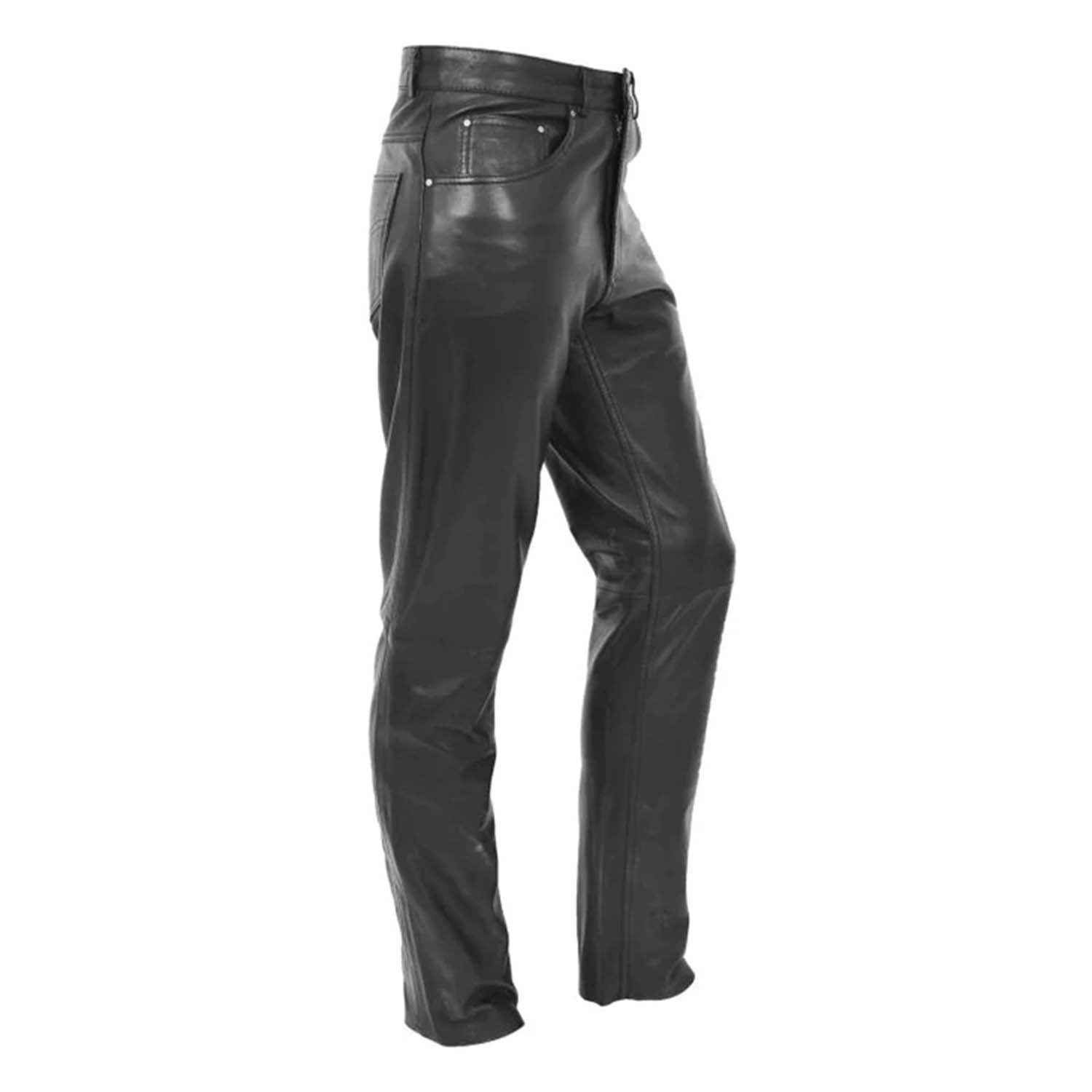 Men's black genuine leather straight leg pants featuring a classic fit and premium leather construction