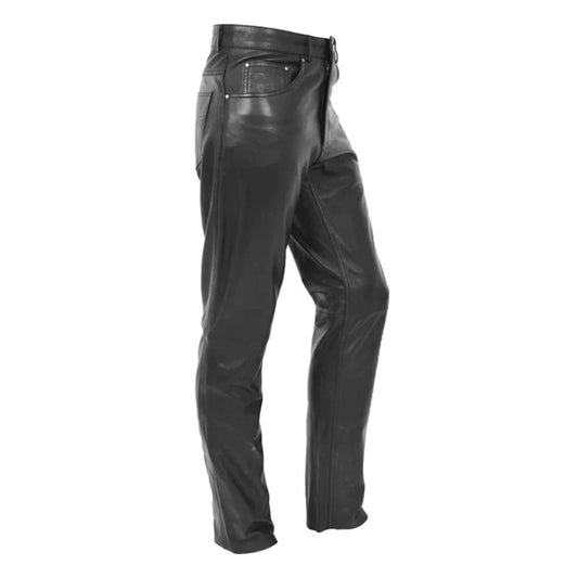 Men's black genuine leather straight leg pants featuring a classic fit and premium leather construction