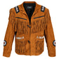 Men’s Brown Western Suede Leather Jacket – Fringe & White Bead Embellished Cowboy Jacket