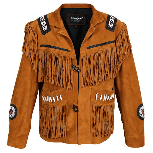 Men’s Brown Western Suede Leather Jacket – Fringe & White Bead Embellished Cowboy Jacket