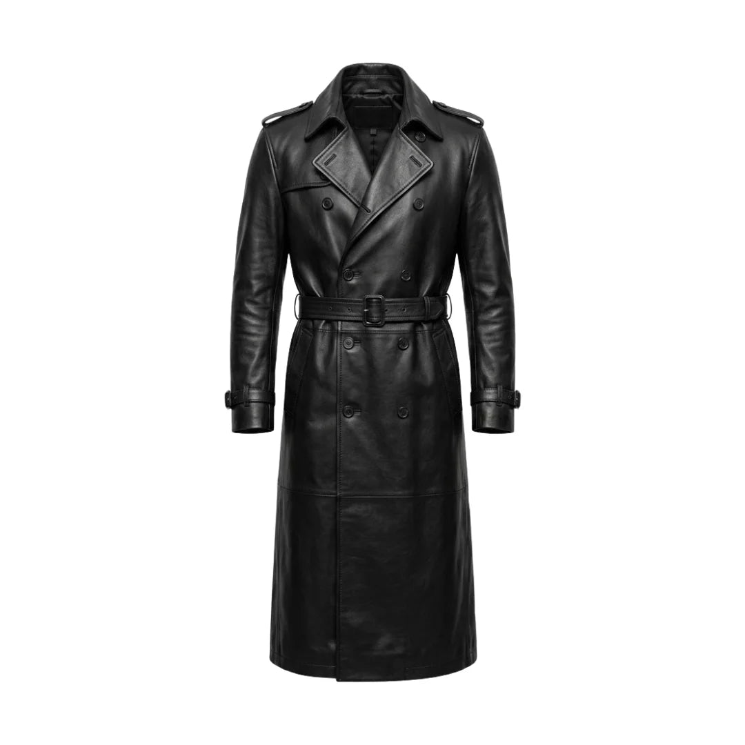 The Ashford Men's Genuine Sheepskin Black Leather Trench Coat