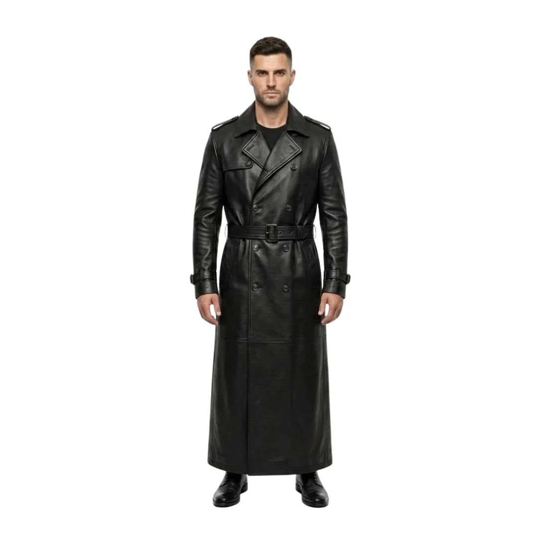 The Ashford Men's Genuine Sheepskin Black Leather Trench Coat