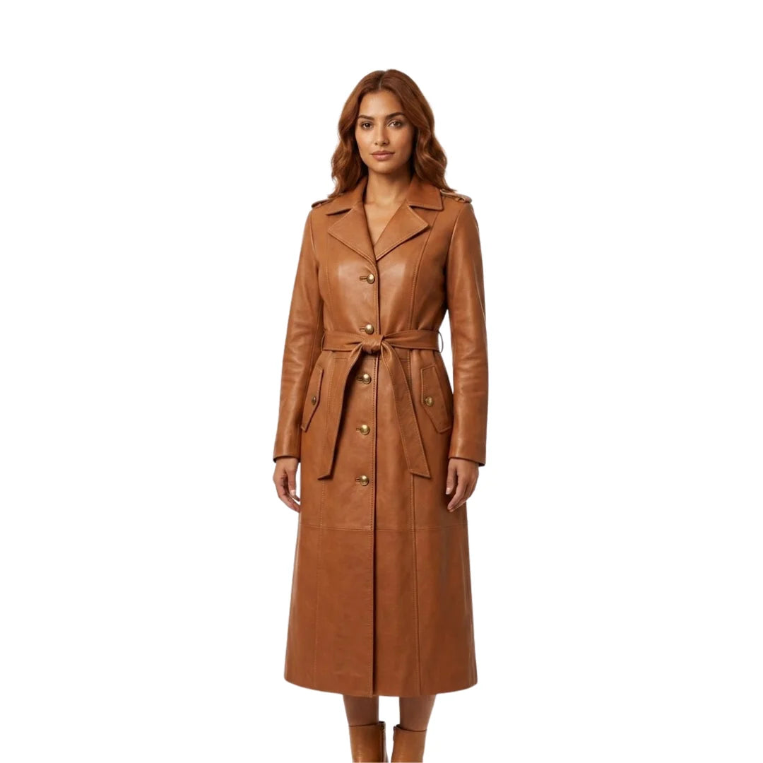 The Celeste Women's Brown Sheepskin Leather Trench Coat