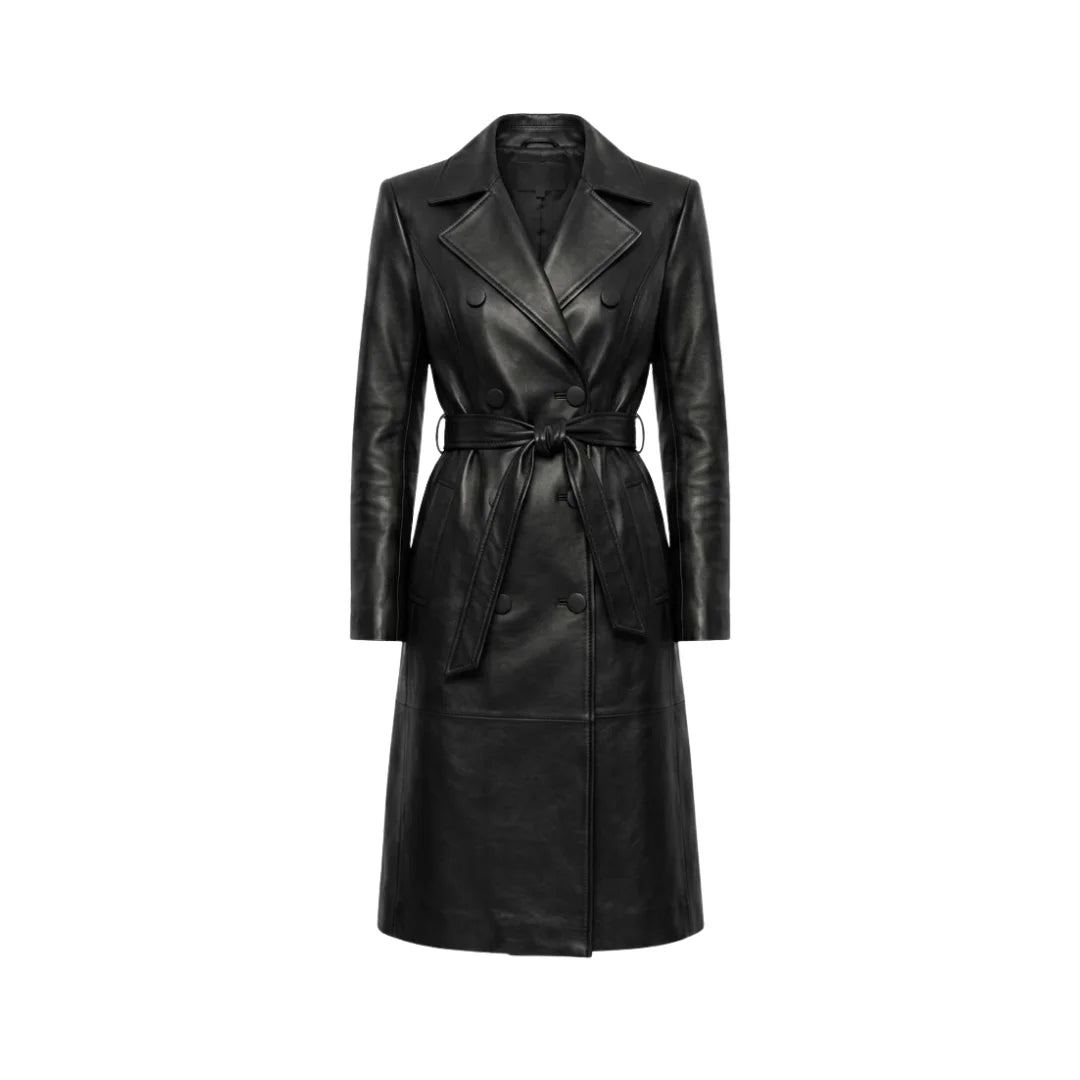 The Marlowe Women's Black Cowhide Leather Midi Trench Coat