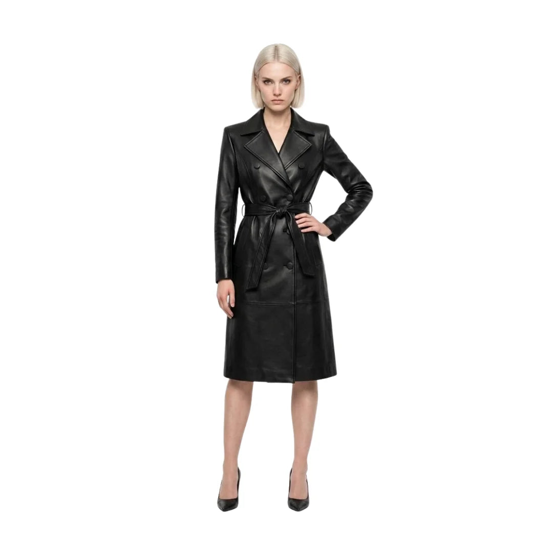 The Marlowe Women's Black Cowhide Leather Midi Trench Coat