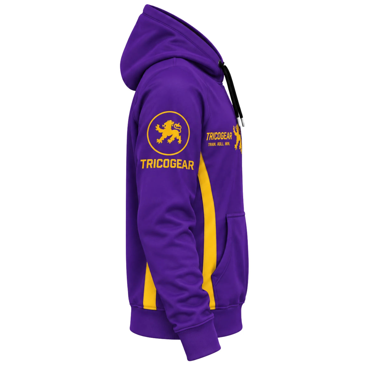 Tricogear Batch TRI 32 Blue & Gold BJJ Hoodie side view showing gold accents, sleeve graphics and kangaroo pocket