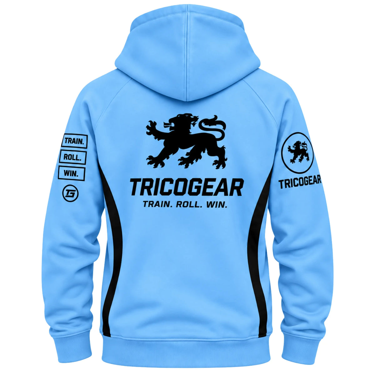 Tricogear TRO 31 blue black BJJ hoodie back view with Tricogear lion graphic