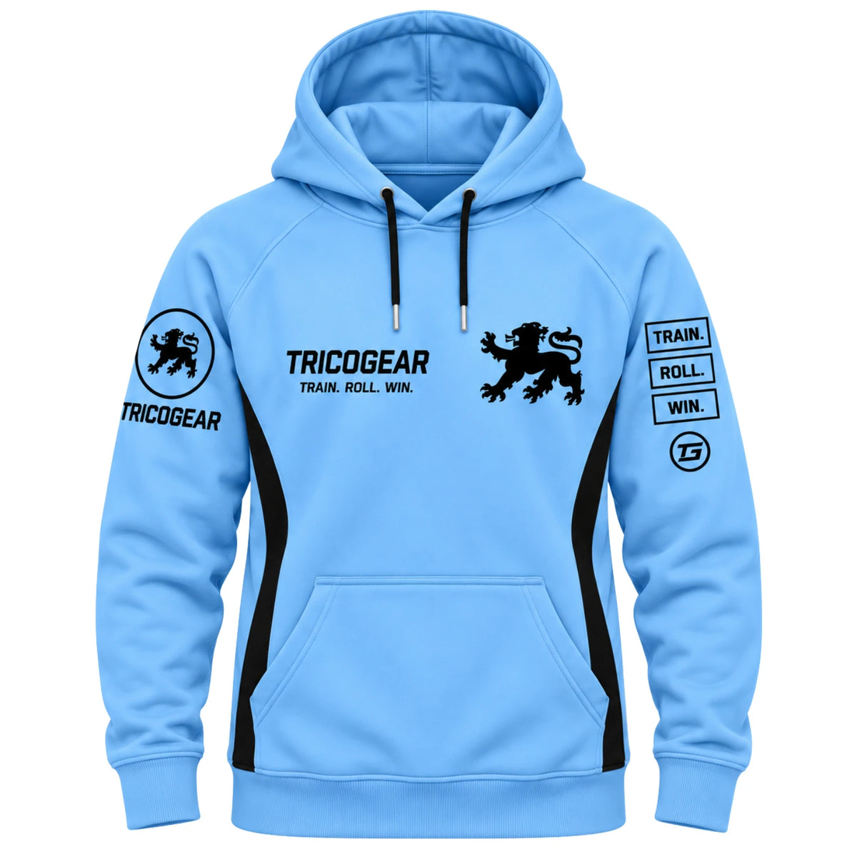 Tricogear TRO 31 blue black BJJ hoodie front view in 300 GSM fleece