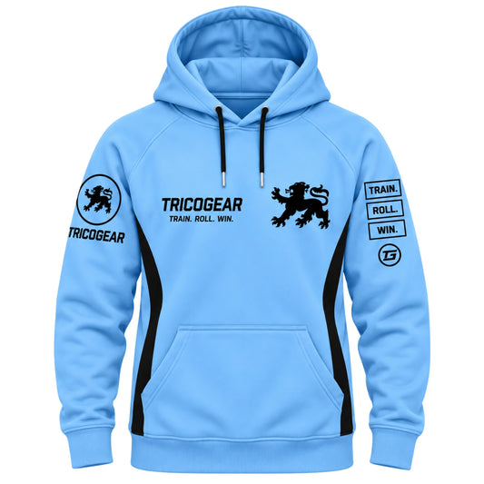 Tricogear TRO 31 blue black BJJ hoodie front view in 300 GSM fleece