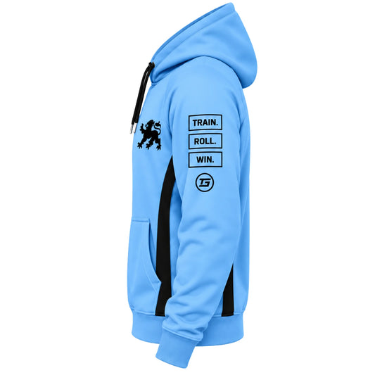 Tricogear TRO 31 blue black BJJ hoodie side profile showing sleeve graphics and hood
