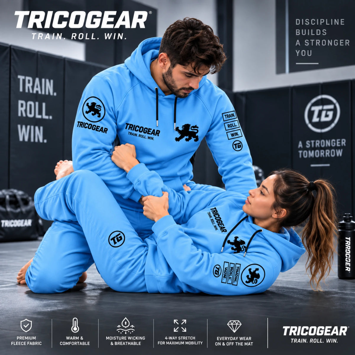 Tricogear TRO 31 blue black BJJ hoodie worn during Brazilian Jiu-Jitsu training