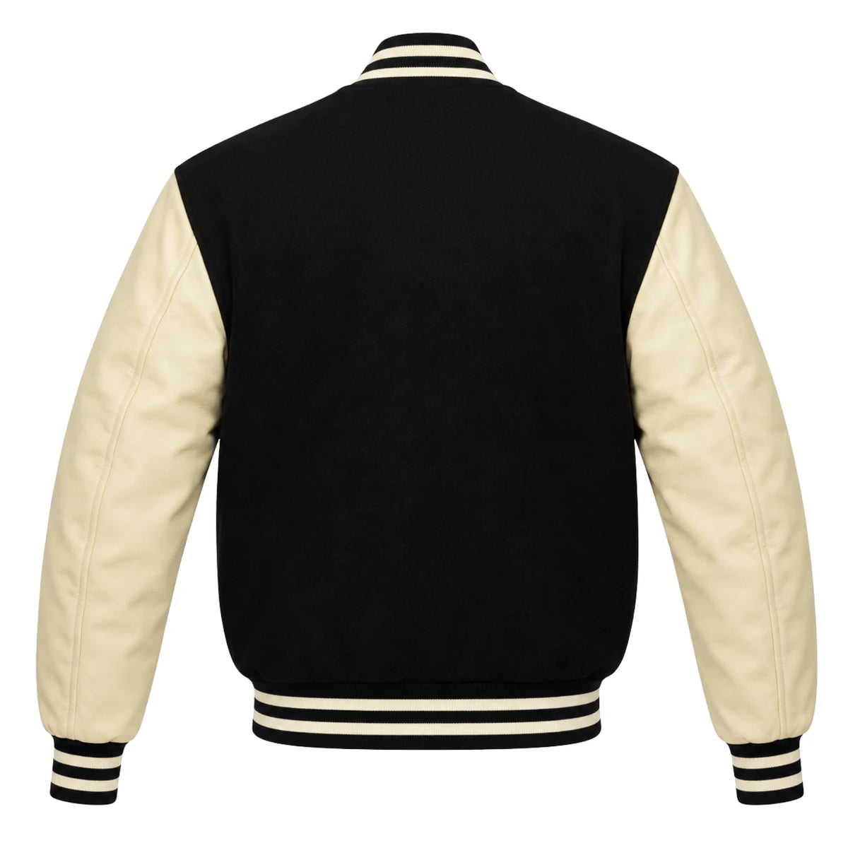 American black wool varsity jacket with cream sleeves back view