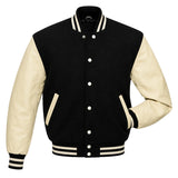 American black wool varsity jacket with cream sleeves front view