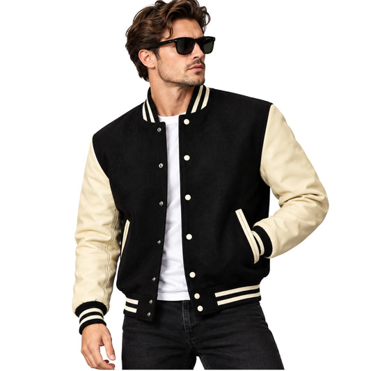 American black wool varsity jacket worn by male model