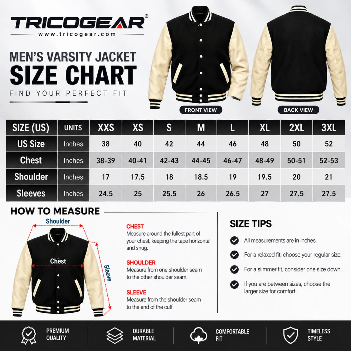 American black wool varsity jacket men's size chart