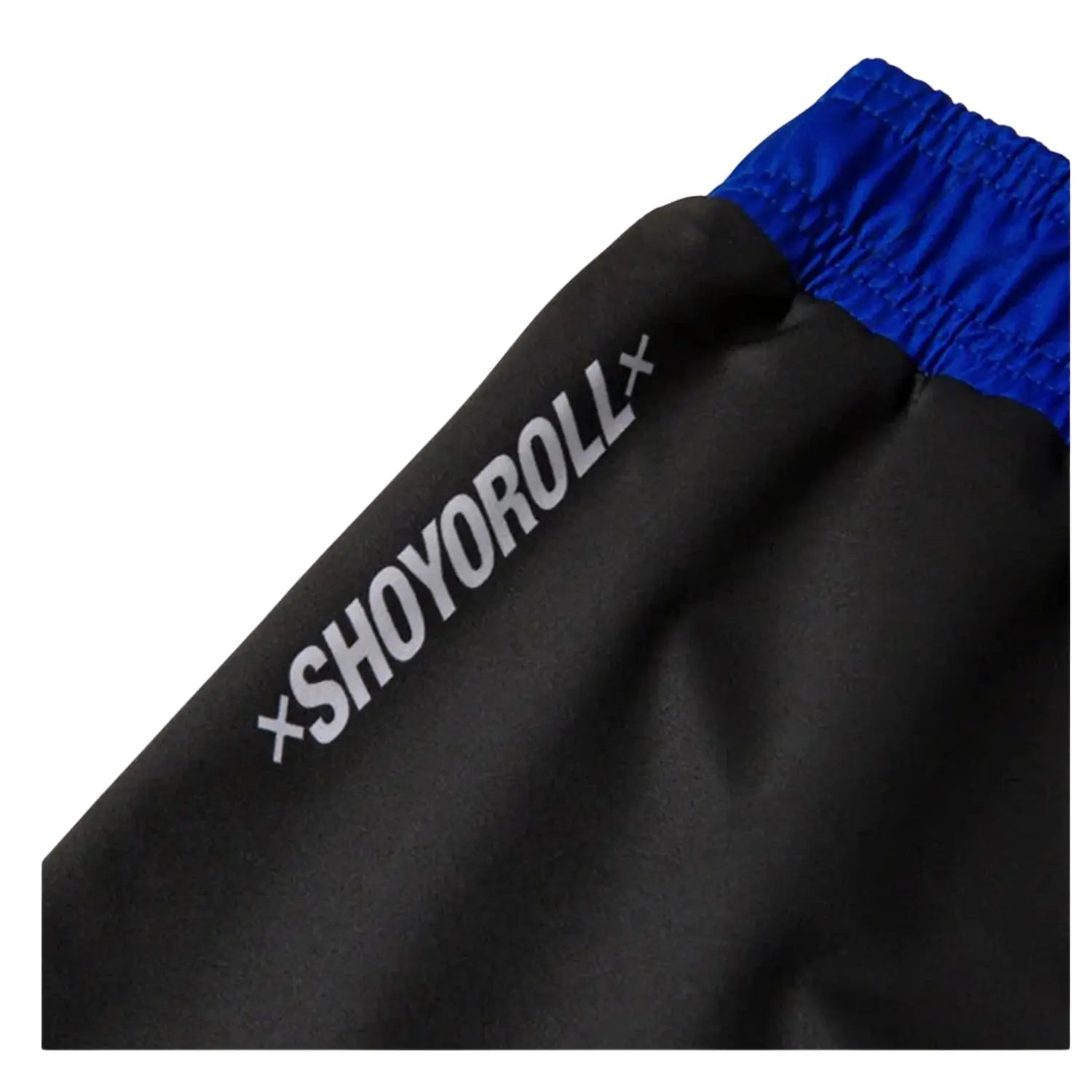 BJJ No Gi Shoyoroll Azure Competitor black fitted shorts detail view showing waistband and logo