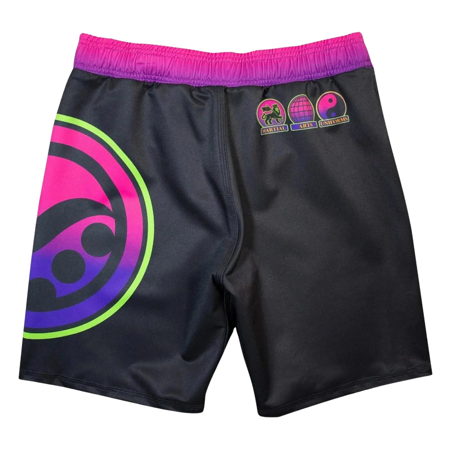 BJJ No Gi Shoyoroll Batch 143 Malibu training fitted shorts black front view with pink purple waistband and graphic