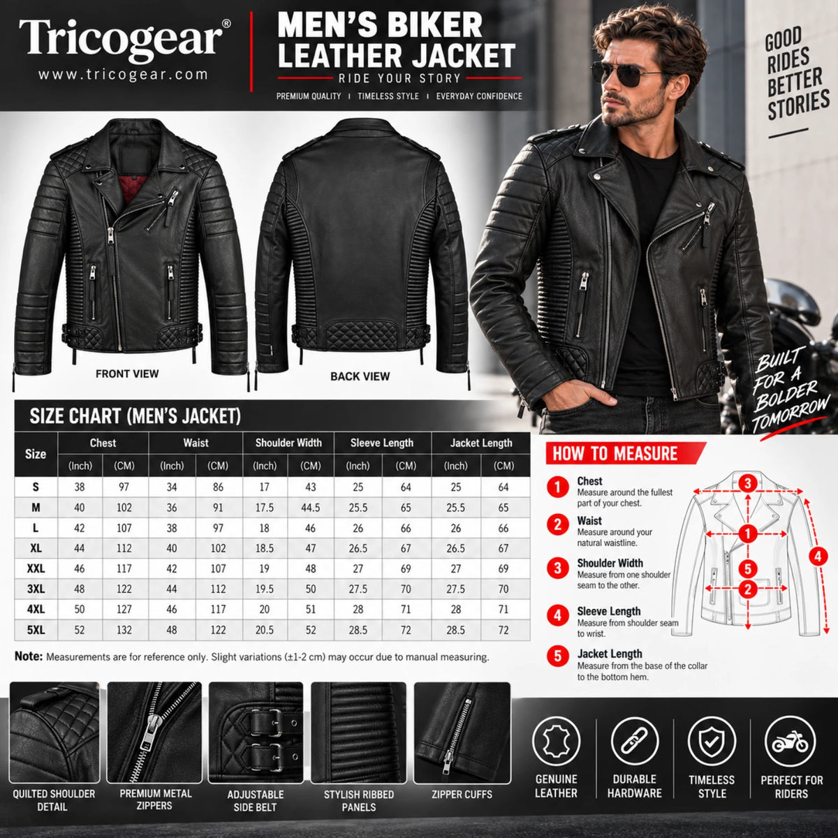 Men’s black biker leather motorbike jacket size chart with measurements