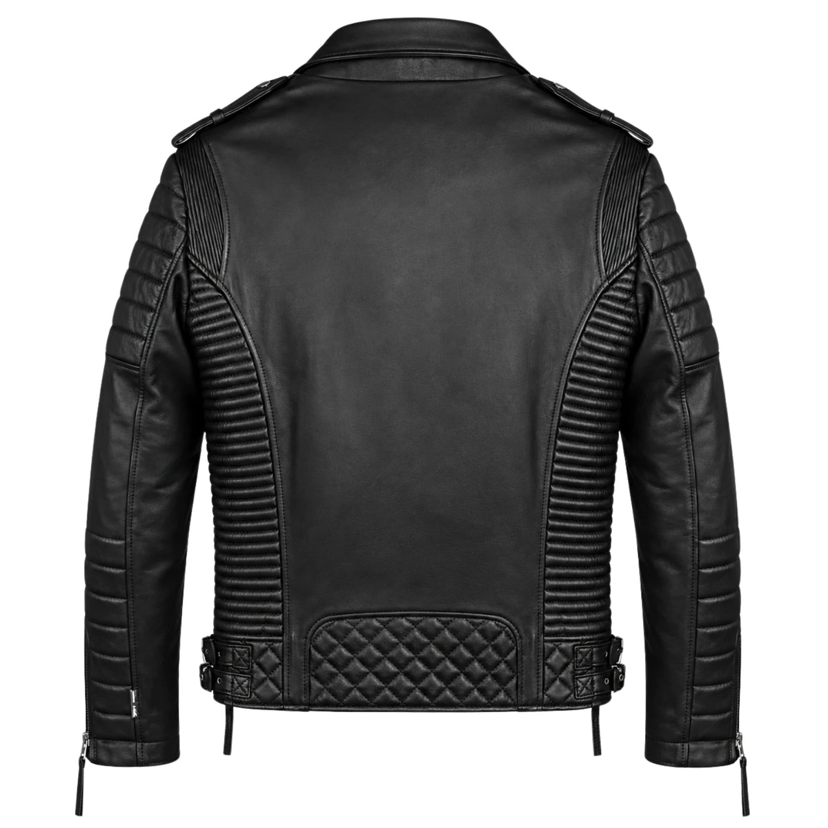 Black biker leather motorbike jacket for men back view