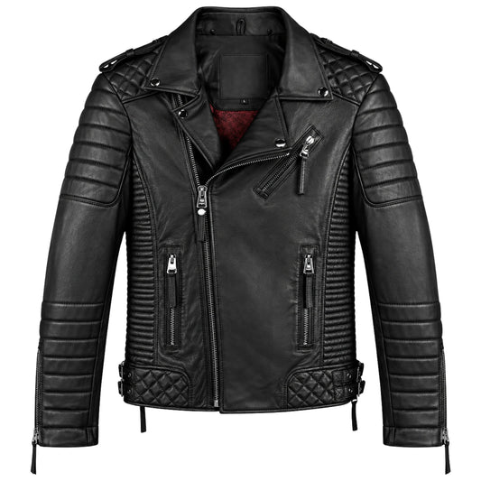 Black biker leather motorbike jacket for men front view
