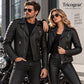 Men’s black biker leather motorcycle jacket worn by Western male and female models
