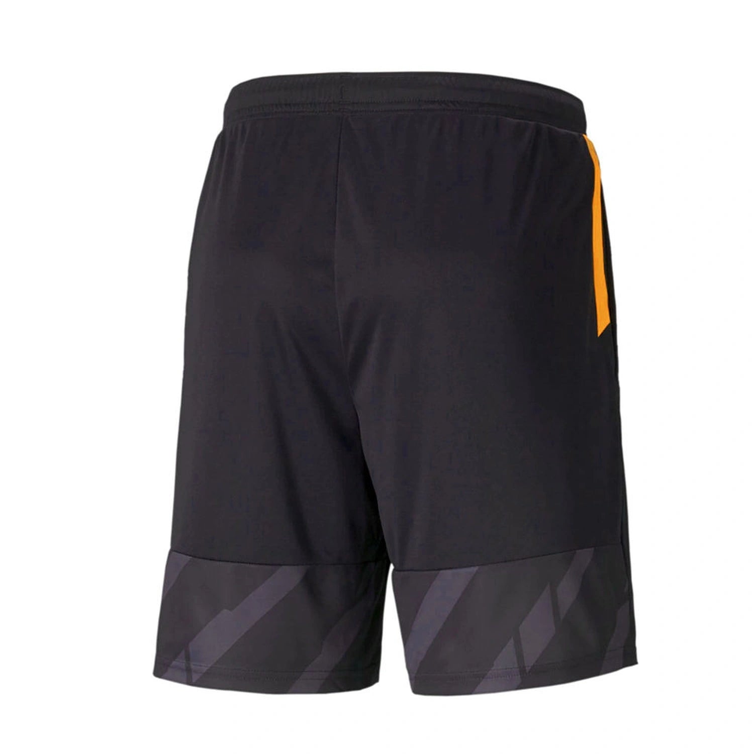 Back view of black soccer shorts with orange side accent
