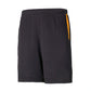 Black soccer shorts with orange side accent and geometric hem detail