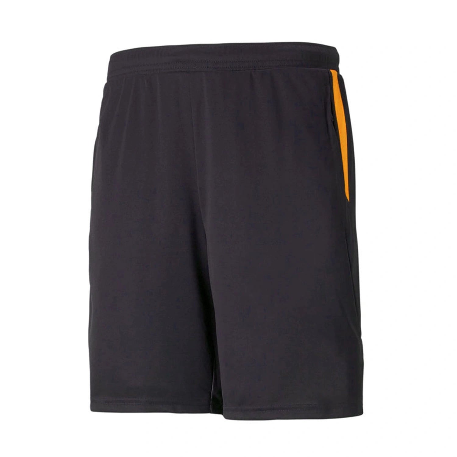 Black soccer shorts with orange side accent and geometric hem detail