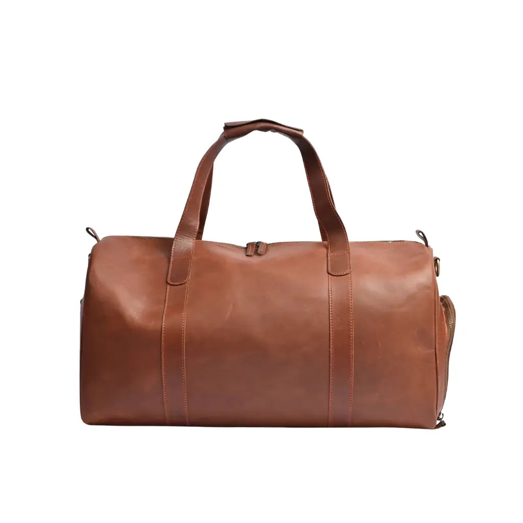 Back view of the Camel Brown Premium Pull-Up Leather Weekender Bag handcrafted from premium full-grain cowhide leather.
