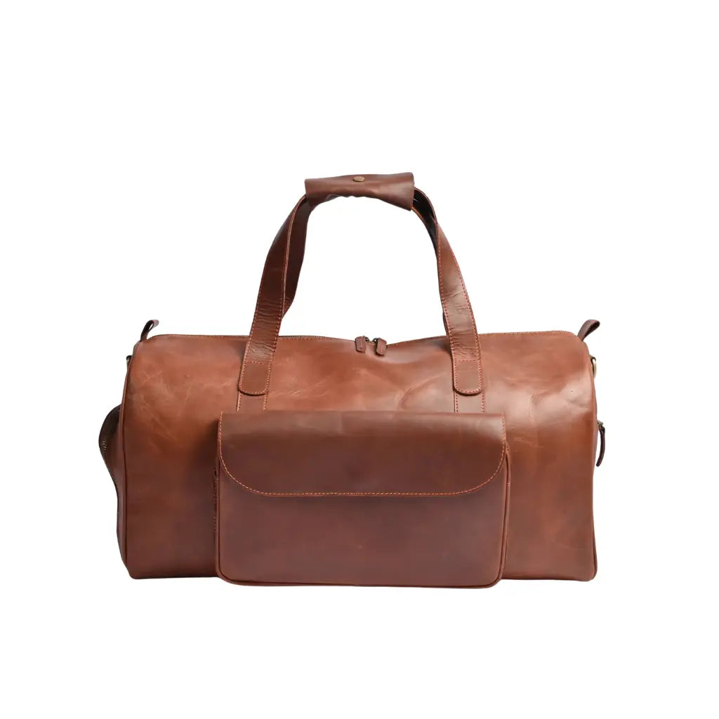 Front view of the Camel Brown Premium Pull-Up Leather Weekender Bag featuring a spacious flap pocket and premium full-grain cowhide leather.