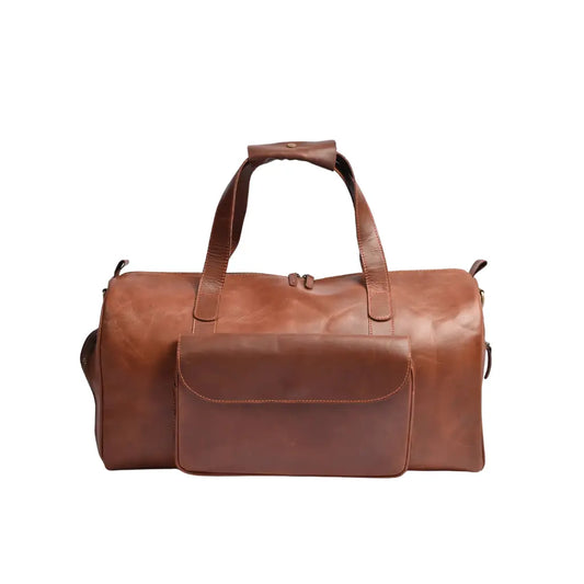 Front view of the Camel Brown Premium Pull-Up Leather Weekender Bag featuring a spacious flap pocket and premium full-grain cowhide leather.