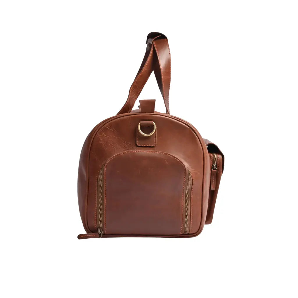 Side view of the Camel Brown Full-Grain Cowhide Leather Duffle Bag with a zippered end pocket and durable travel design.