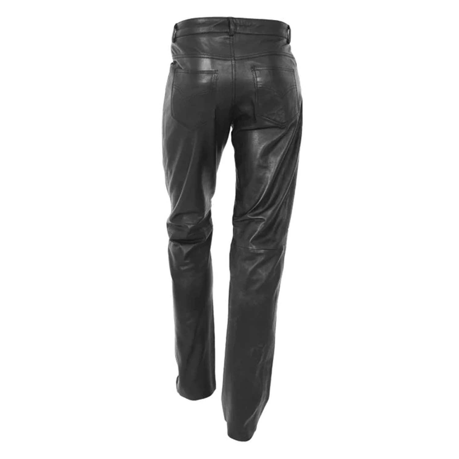 Classic black mens leather pant straight leg genuine leather trousers back view featuring rear pockets and tailored fit